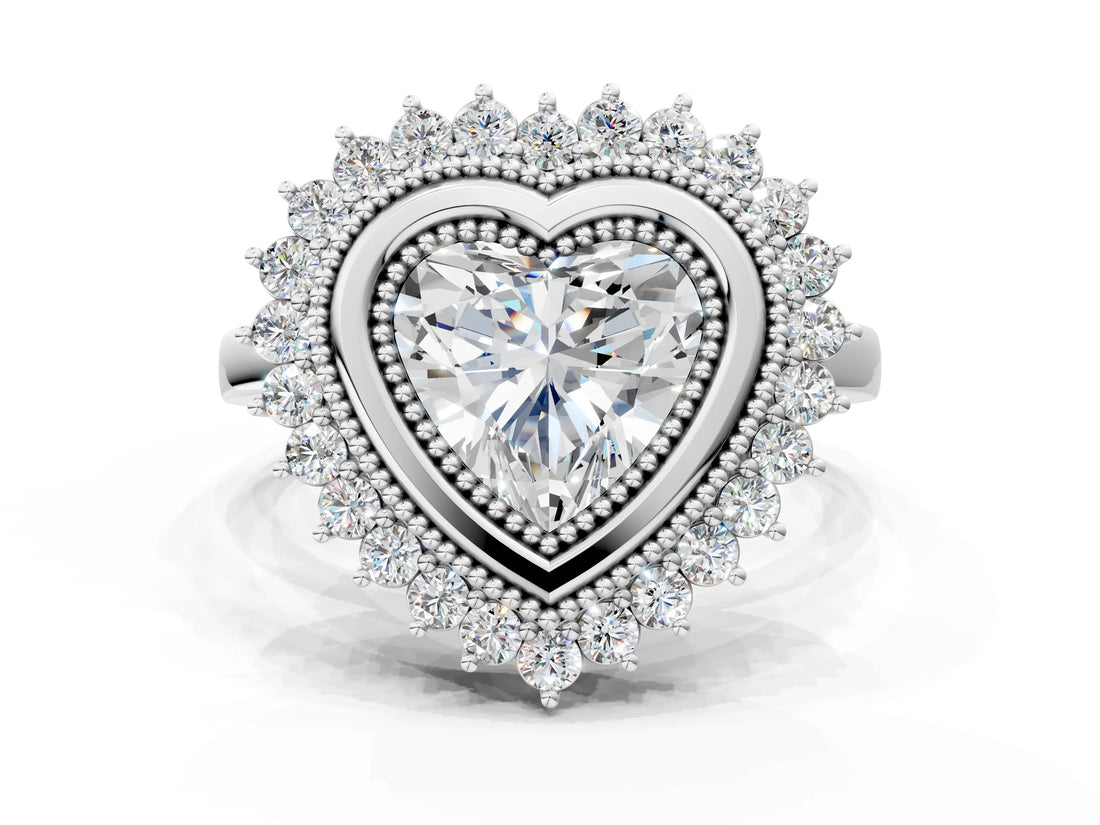 White gold Heart Halo Diamond Ring with Milgrain Edge and Round Prong Setting_26