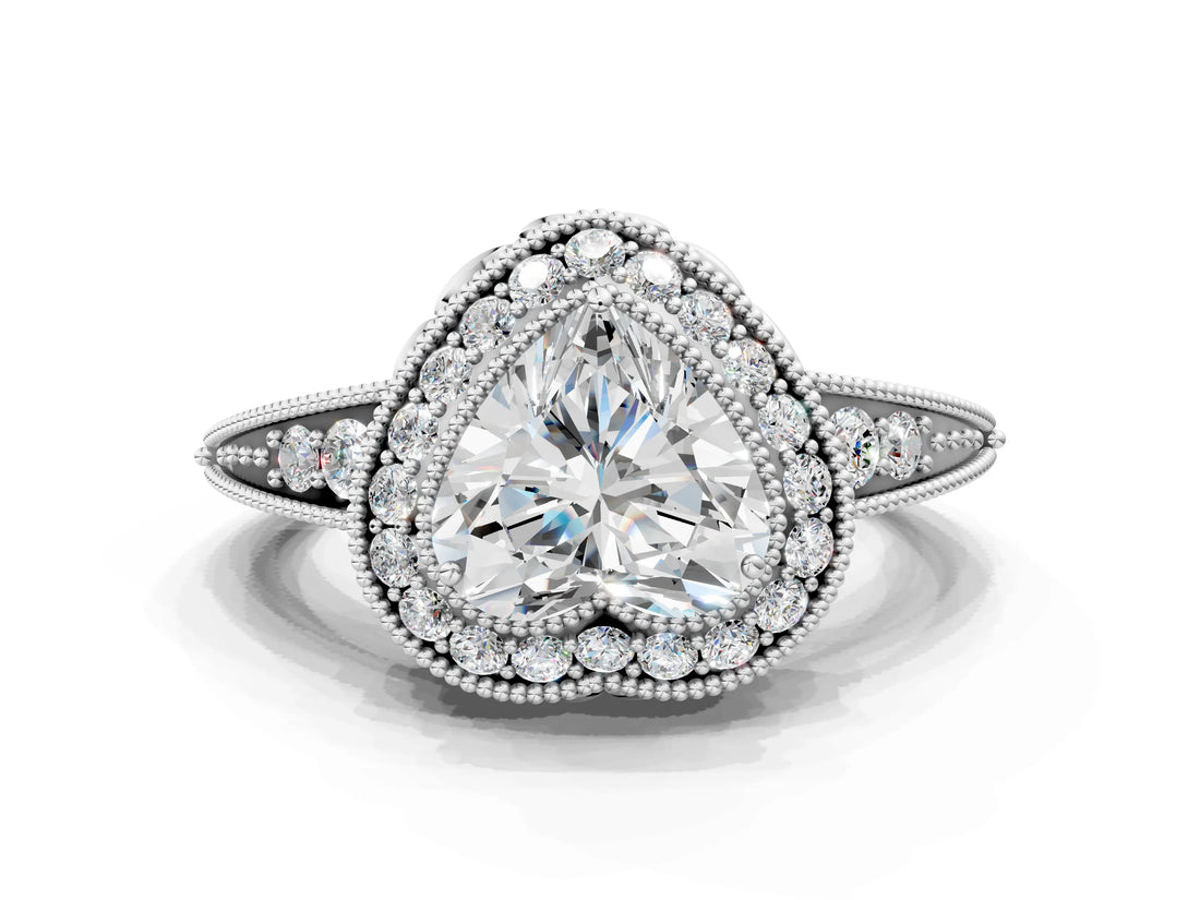 White gold Heart Halo Diamond Split Shank Ring with Milgrain Detail_49