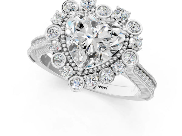 White Gold Heart-Shaped Scalloped Milgrain Halo Engagement Ring Setting