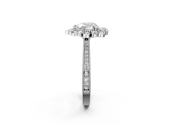 White Gold Heart-Shaped Scalloped Milgrain Halo Engagement Ring Setting