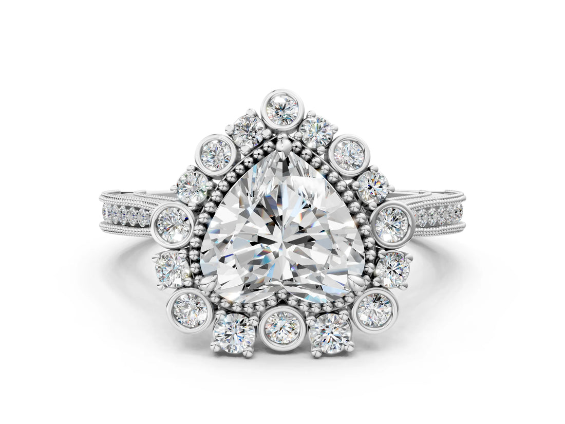 White gold Heart Halo Milgrain Pave Diamond Ring with Four-Prong Setting