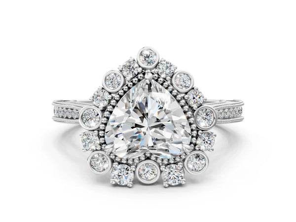 White Gold Heart-Shaped Scalloped Milgrain Halo Engagement Ring Setting