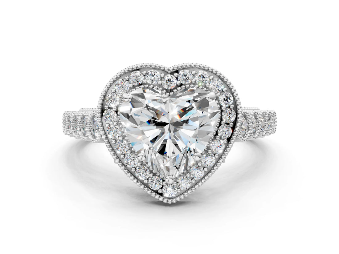 White gold Heart Halo Milgrain Solitaire with Bezel Set Side Stones and Pave Band_32