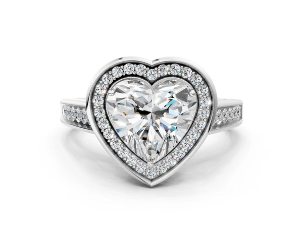 White gold Heart Halo Solitaire Diamond Ring with Pave Band and Bezel Setting