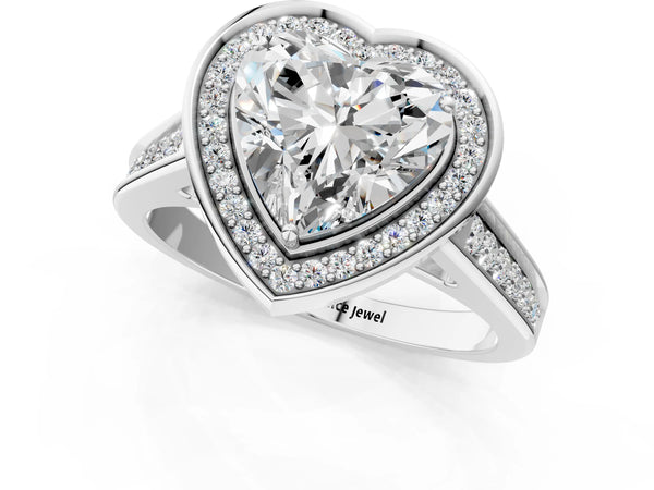 White gold Heart Halo Solitaire Diamond Ring with Pave Band and Bezel Setting