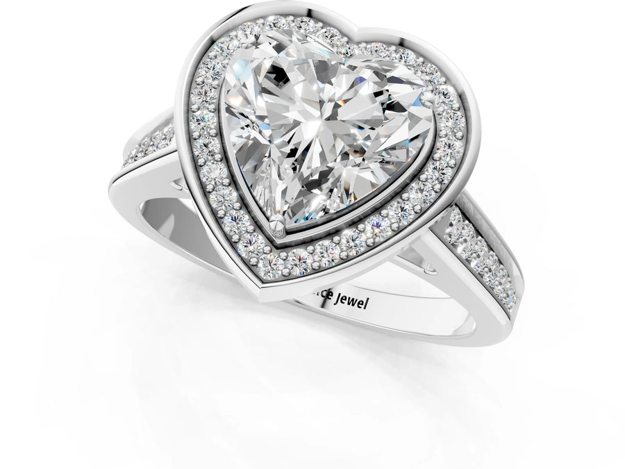 White gold Heart Halo Solitaire Diamond Ring with Pave Band and Bezel Setting