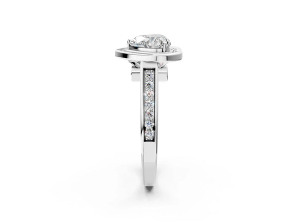 White gold Heart Halo Solitaire Diamond Ring with Pave Band and Bezel Setting