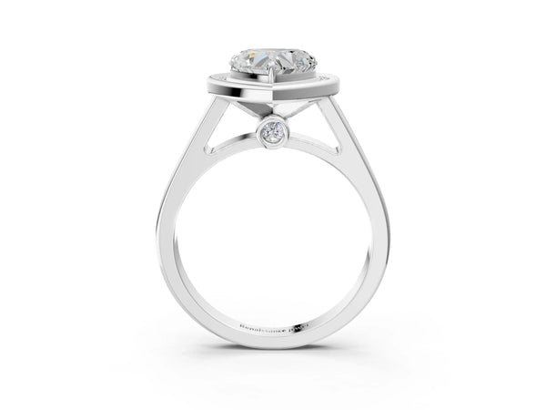 White gold Heart Halo Solitaire Diamond Ring with Pave Band and Bezel Setting
