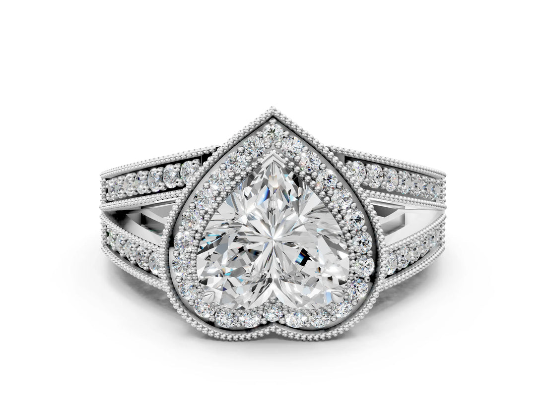 White gold Heart Halo Split Shank Diamond Ring with Milgrain Prong Setting_6