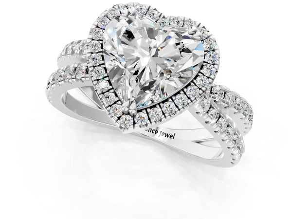 White gold Heart Halo Split Shank Diamond Ring with Pavé Setting