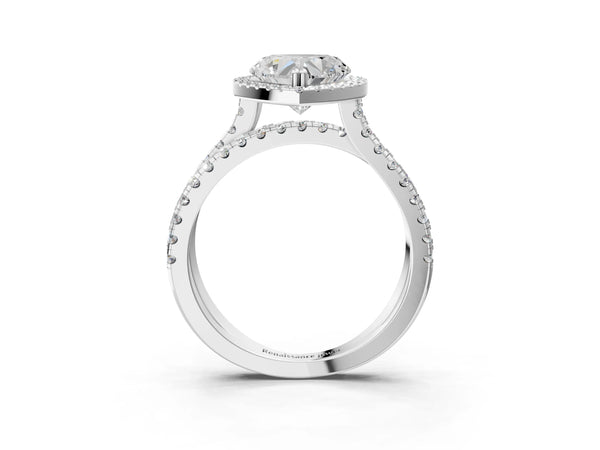 White gold Heart Halo Split Shank Diamond Ring with Pavé Setting