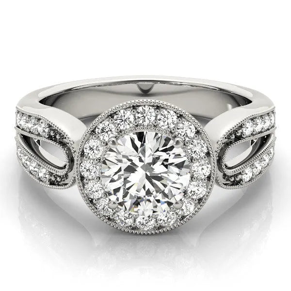 White gold Heart Halo Split Shank Milgrain Diamond Ring