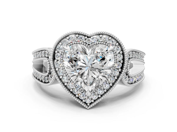 White gold Heart Halo Split Shank Milgrain Diamond Ring