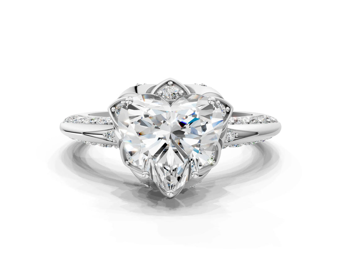 White gold Heart Halo Split Shank Pave Diamond Ring with Petal Prong Setting_19