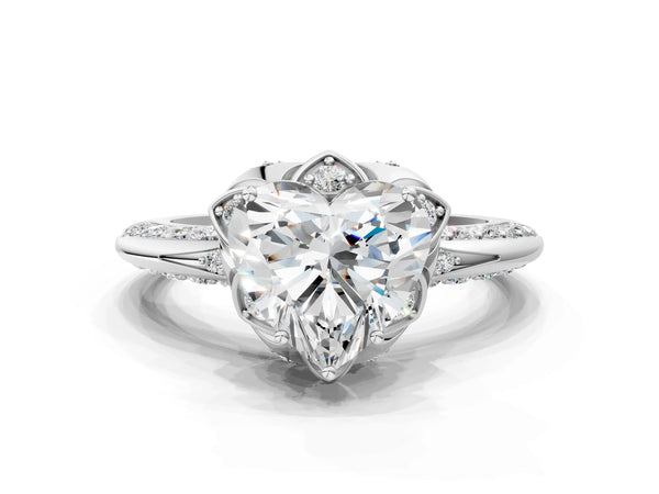 White gold Heart Halo Split Shank Pave Diamond Ring with Petal Prong Setting