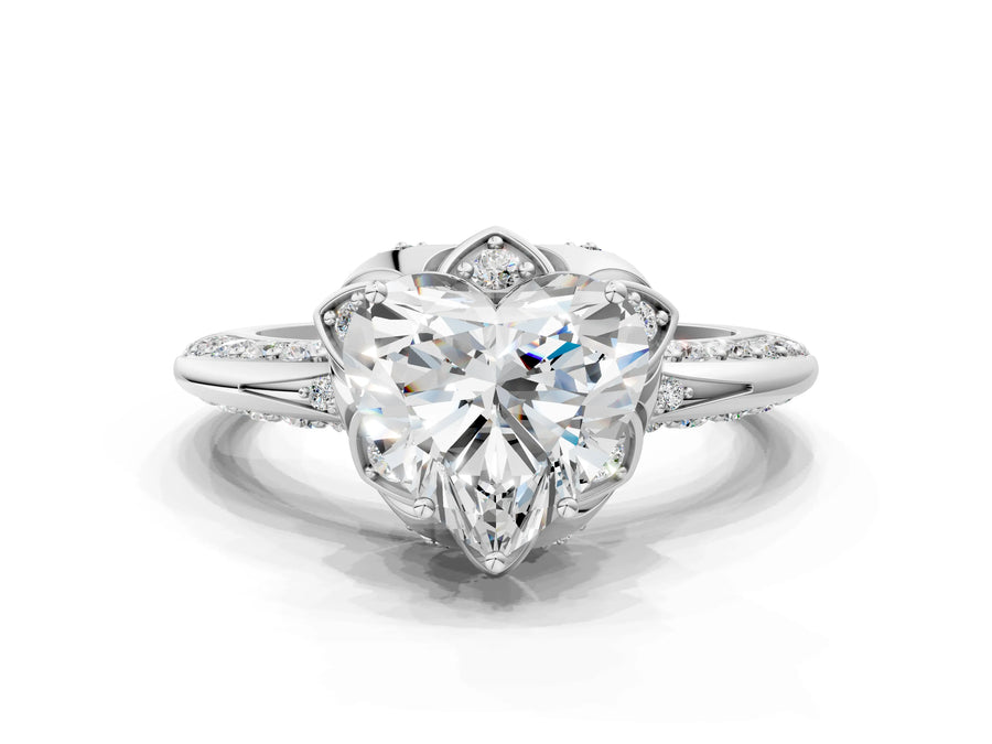 White gold Heart Halo Split Shank Pave Diamond Ring with Petal Prong Setting
