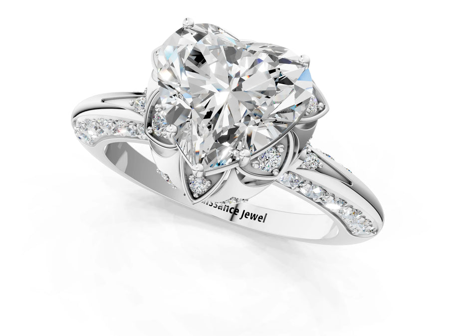 White gold Heart Halo Split Shank Pave Diamond Ring with Petal Prong Setting