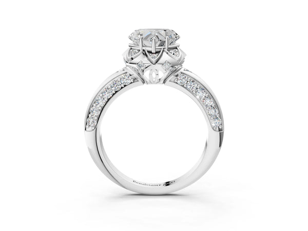 White gold Heart Halo Split Shank Pave Diamond Ring with Petal Prong Setting