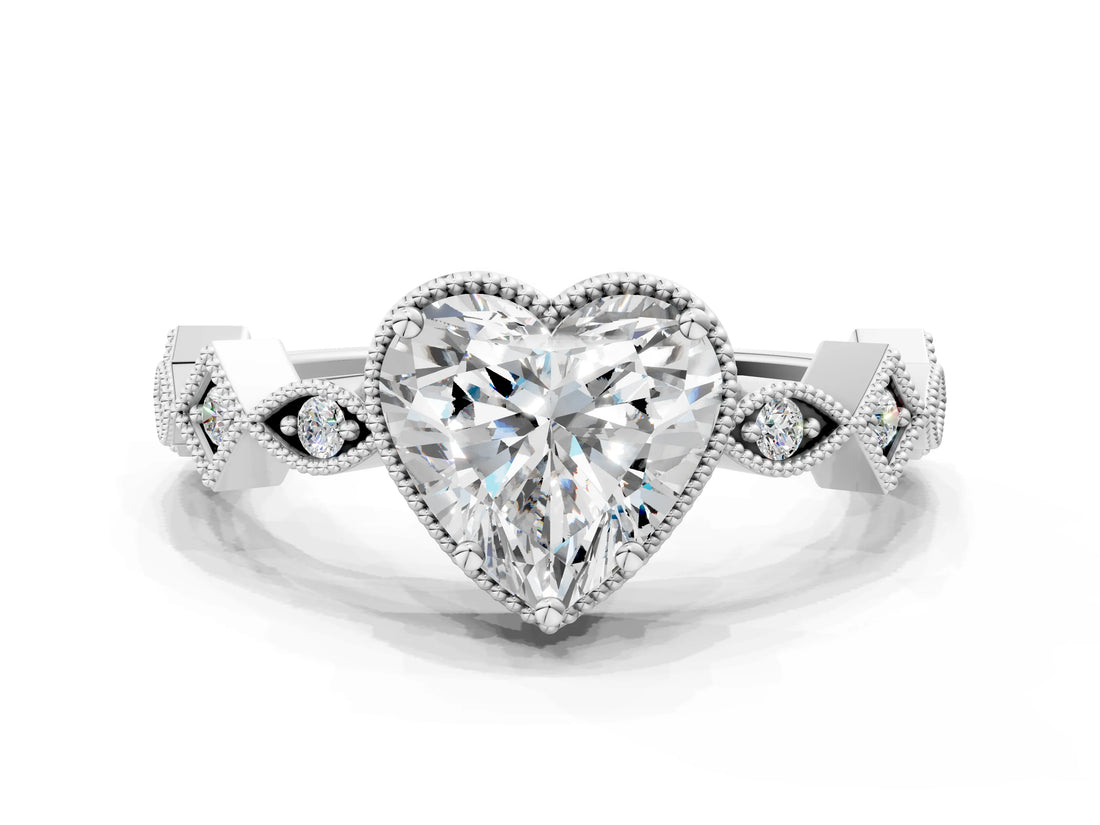 White gold Heart Milgrain Marquise Diamond Twist Band Ring_38