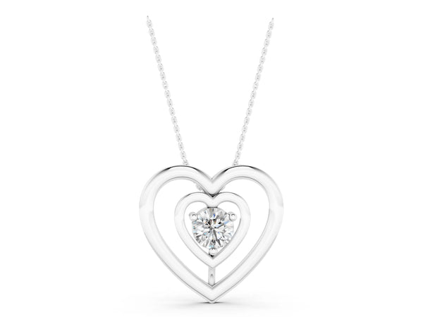 Silver Heart Prong Round Diamond Pendant