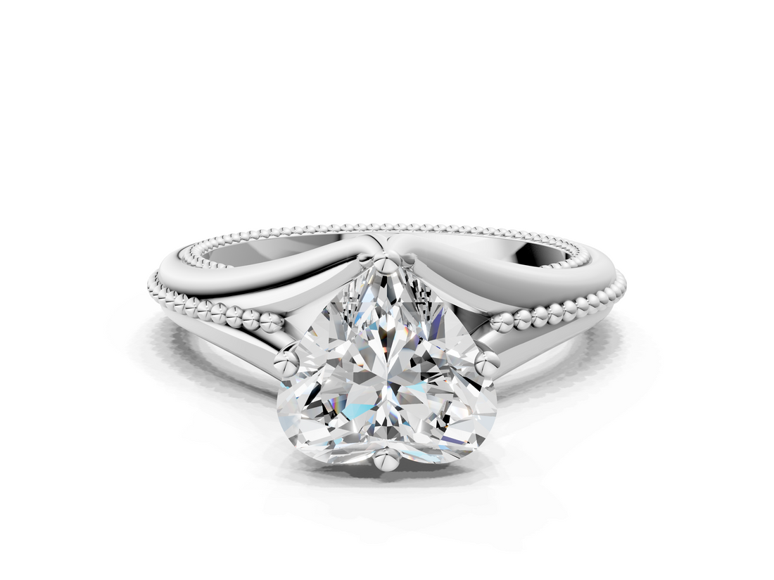 White gold Heart Solitaire Beaded Band Six-Prong Setting