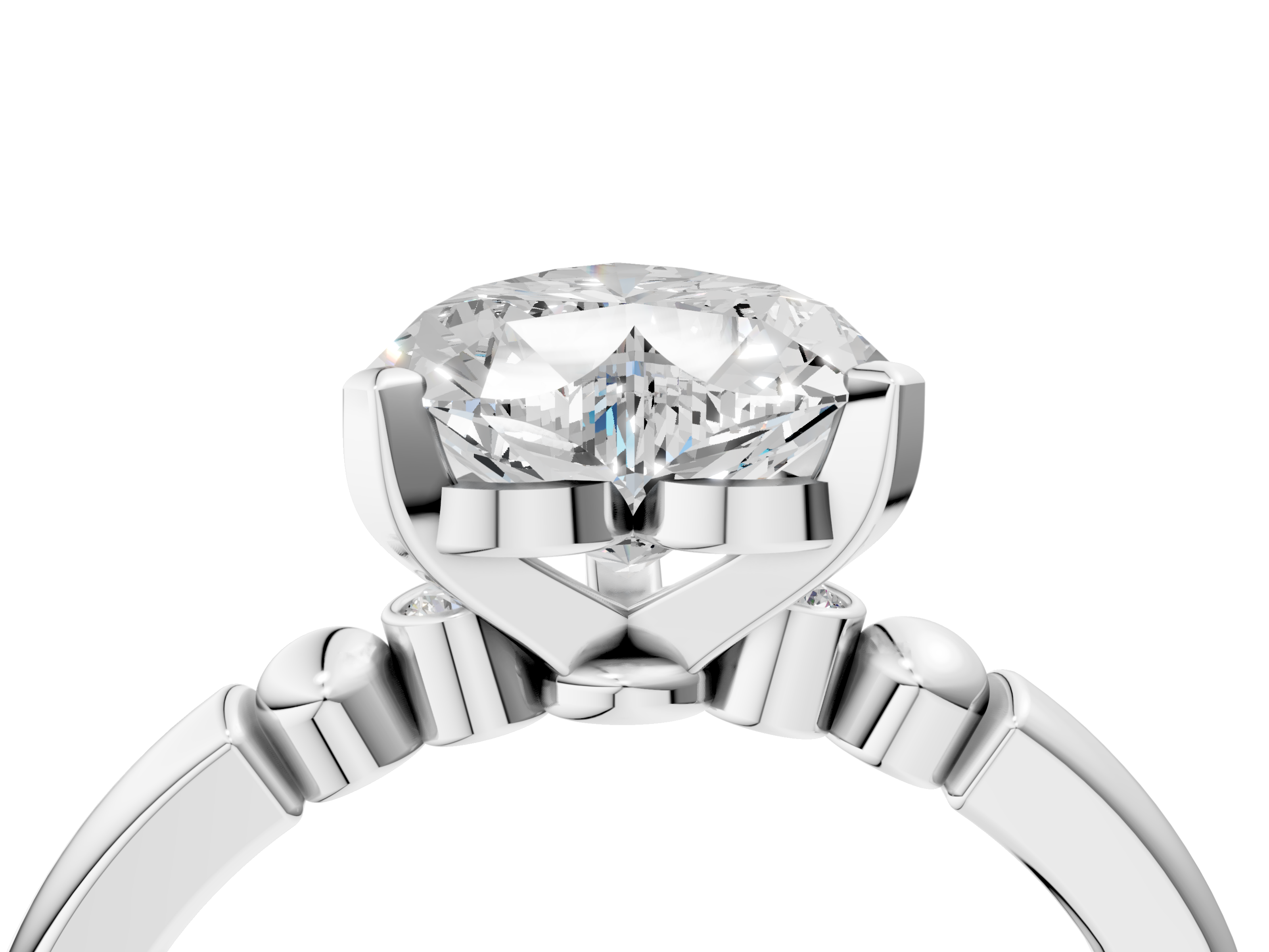 White gold Heart Solitaire Beaded Band with Four-Prong Setting_55