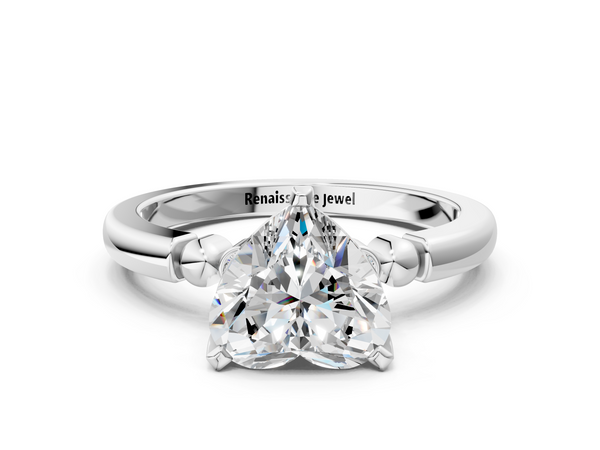 White gold Heart Solitaire Beaded Band with Four-Prong Setting