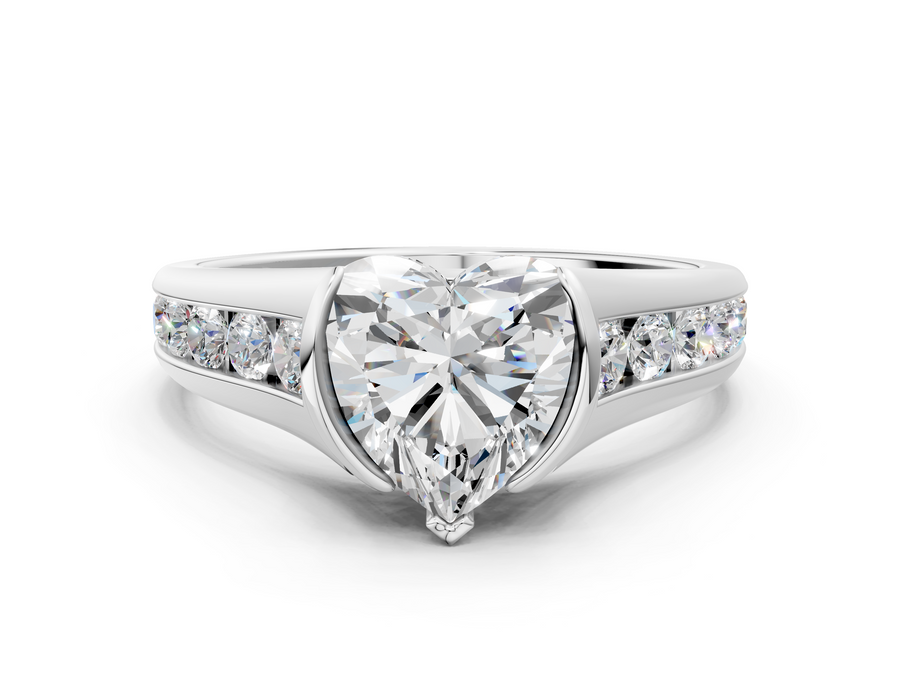White gold Heart Solitaire Bezel-Set Diamond Ring with Channel-Set Band