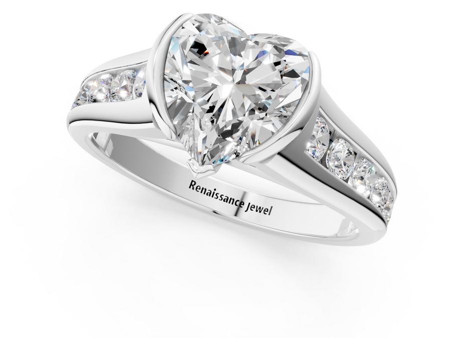 White gold Heart Solitaire Bezel-Set Diamond Ring with Channel-Set Band