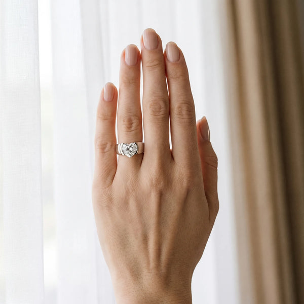 White gold Heart Solitaire Bezel Set Diamond Ring with Wide Band