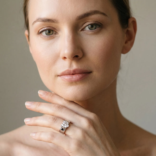 White gold Heart Solitaire Bezel Set Diamond Ring with Wide Band