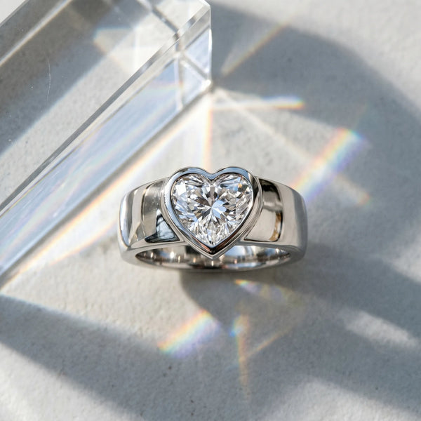 White gold Heart Solitaire Bezel Set Diamond Ring with Wide Band