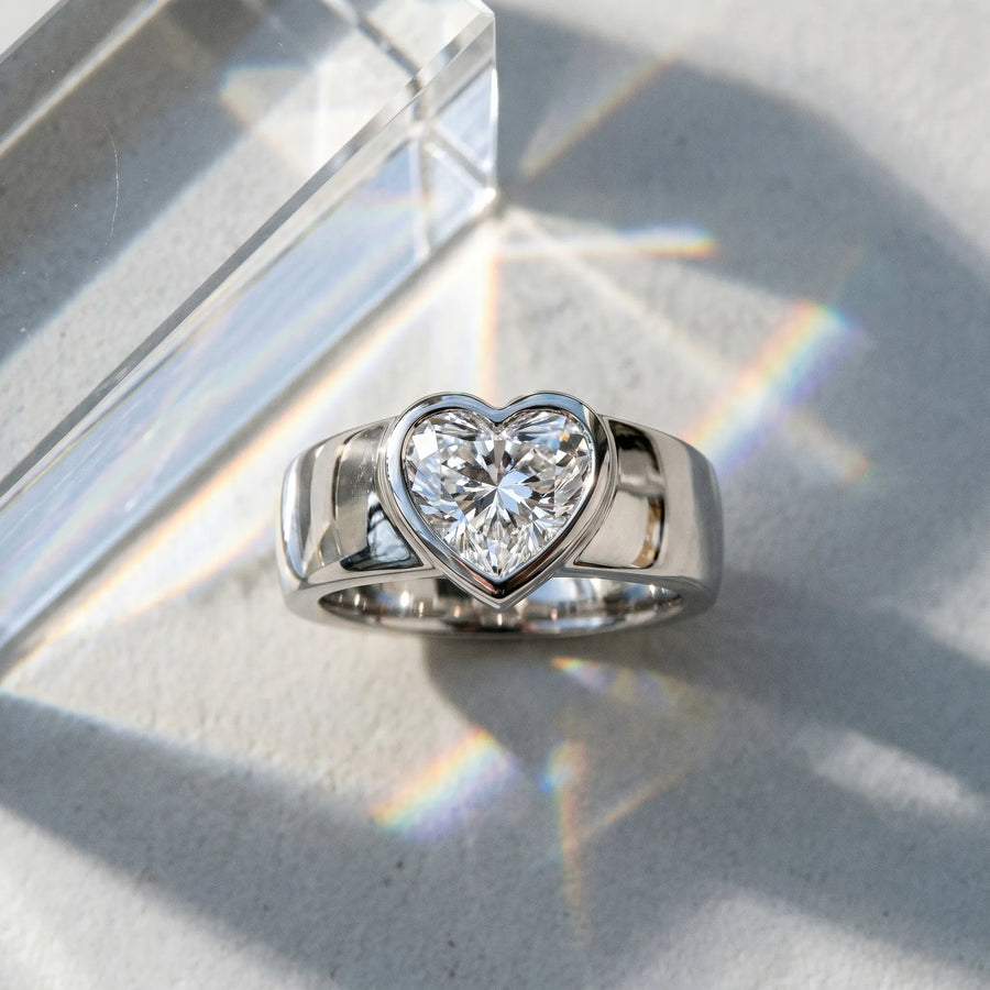 White gold Heart Solitaire Bezel Set Diamond Ring with Wide Band