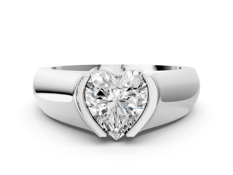 White gold Heart Solitaire Bezel Set Diamond Ring with Wide Band