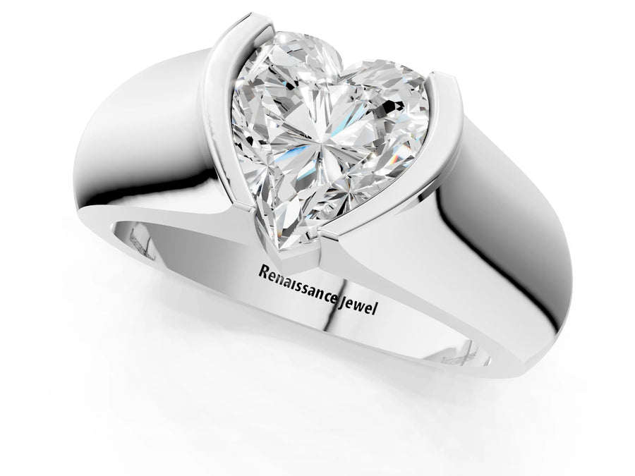 White gold Heart Solitaire Bezel Set Diamond Ring with Wide Band