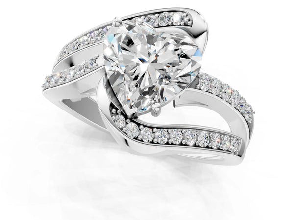 White gold Heart Solitaire Bypass Diamond Engagement Ring with Channel-Set Band and Four-Prong Setting