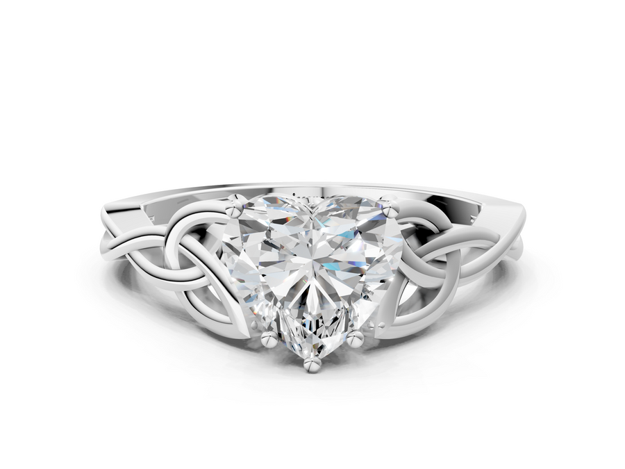 White gold Heart Cut Diamond Solitaire Engagement Ring with Celtic Knot Band and Four-Prong Setting