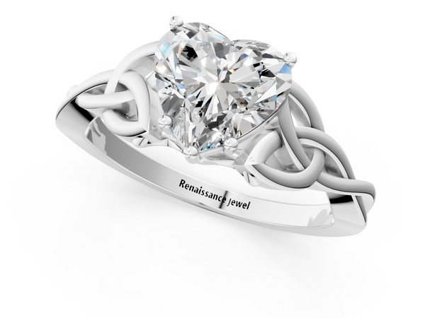 White gold Heart Cut Diamond Solitaire Engagement Ring with Celtic Knot Band and Four-Prong Setting