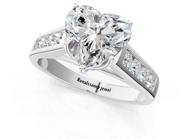 Platinum Heart Solitaire Channel-Set Diamond Engagement Ring with Four-Prong Setting