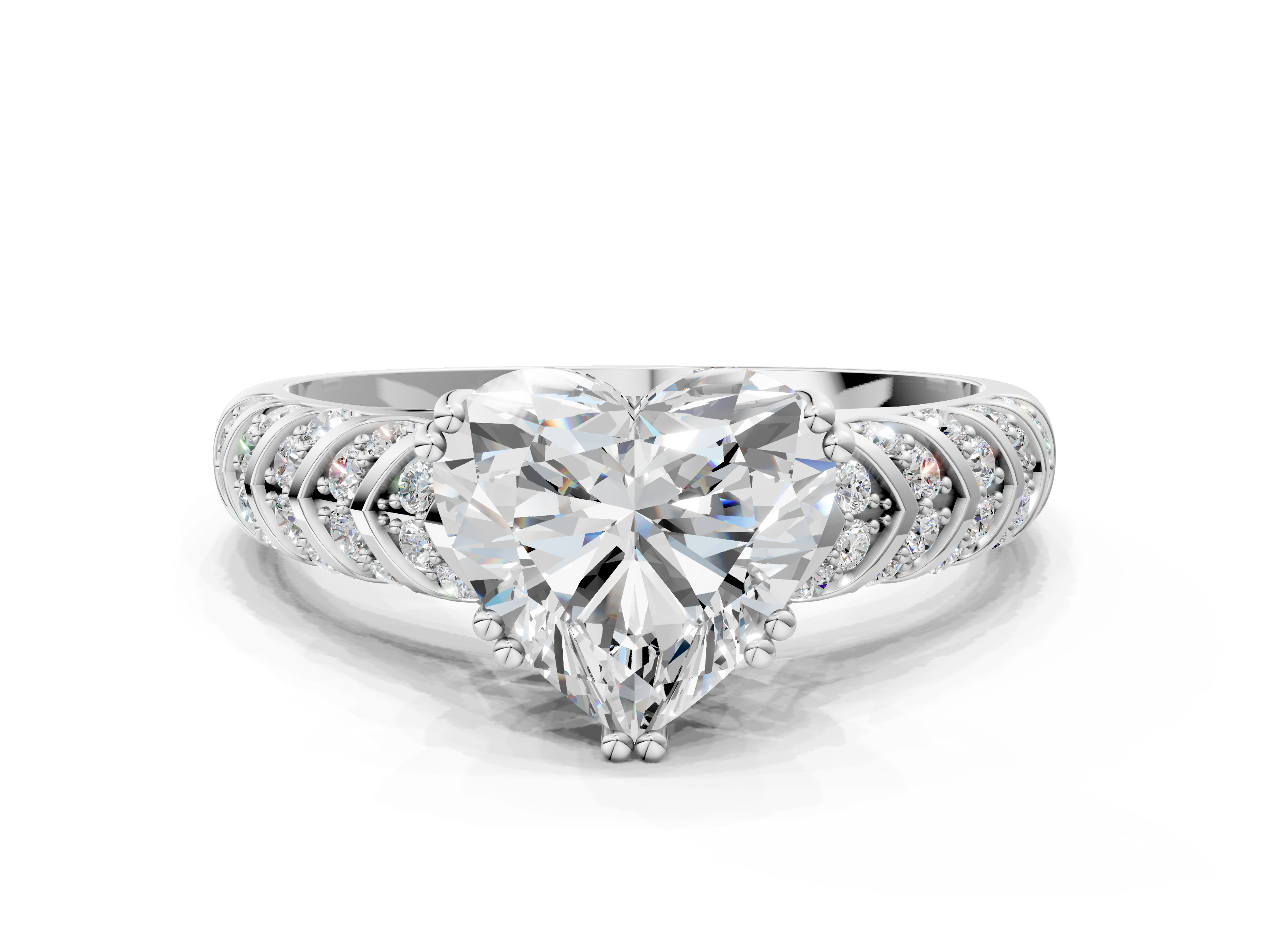 White gold Heart Solitaire Chevron Pave Diamond Engagement Ring with Six-Prong Setting_3