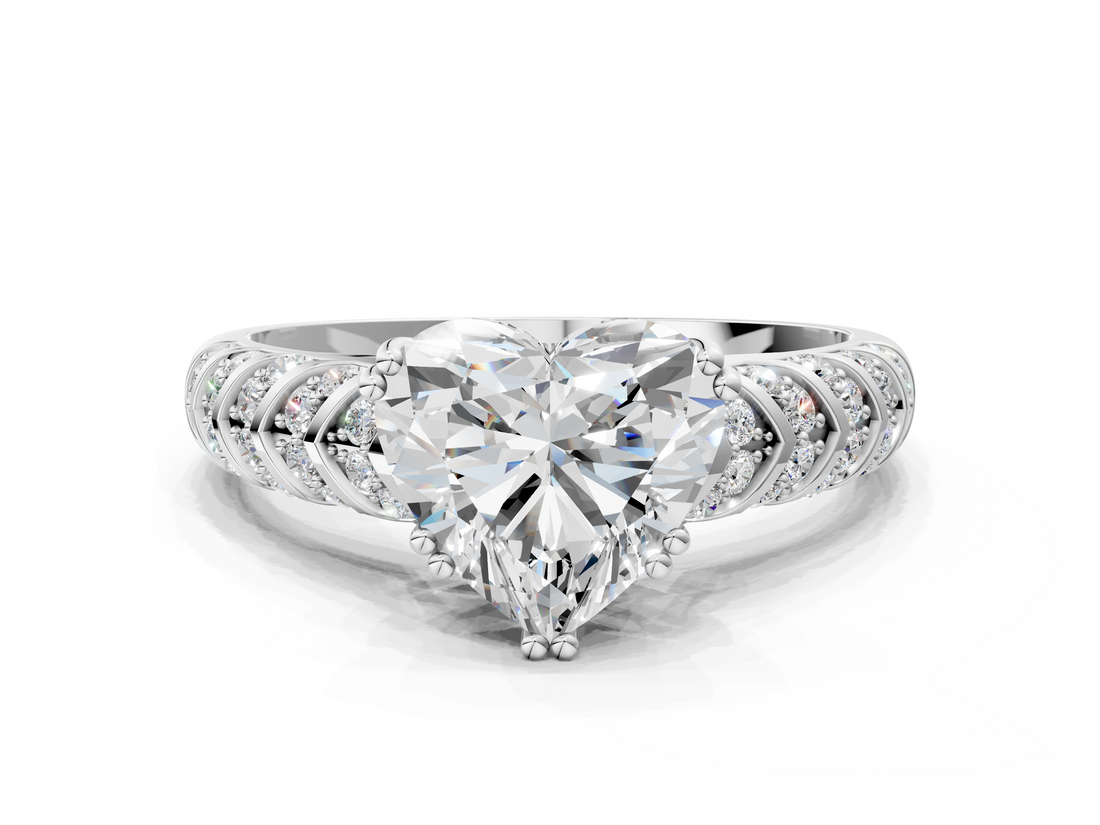 White gold Heart Solitaire Chevron Pave Diamond Engagement Ring with Six-Prong Setting_3