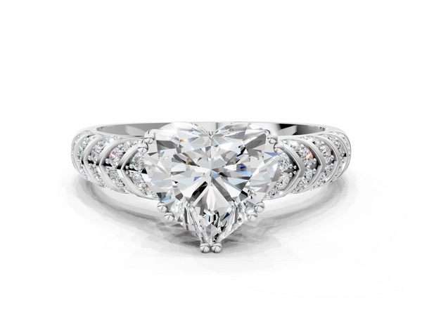 White Gold Heart-Shaped Chevron Pave Solitaire Engagement Ring Setting with Accented Gallery