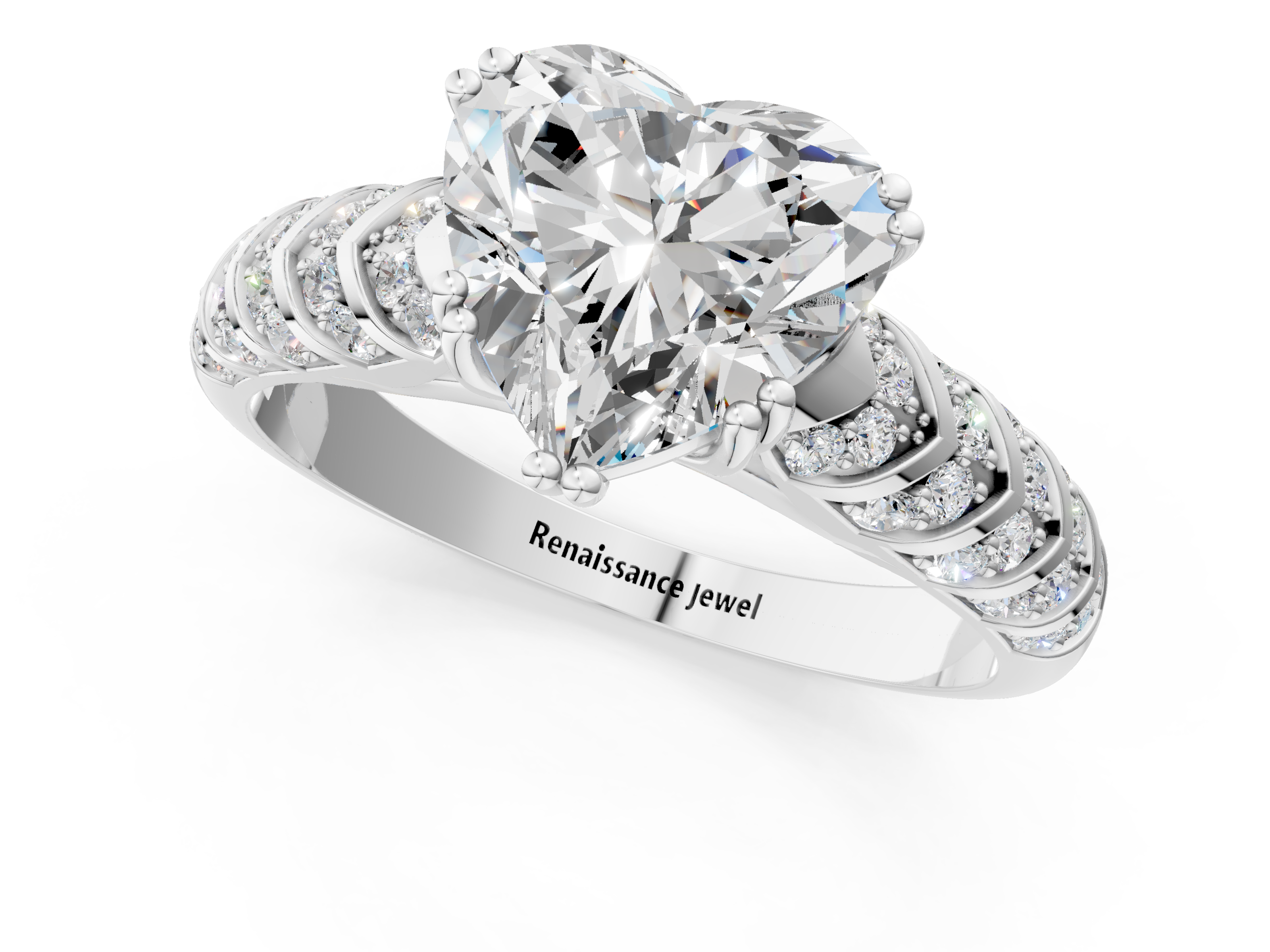 White gold Heart Solitaire Chevron Pave Diamond Engagement Ring with Six-Prong Setting_4