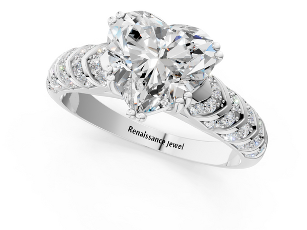 White Gold Heart-Shaped Chevron Pave Solitaire Engagement Ring Setting with Accented Gallery