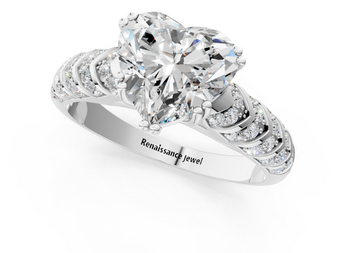 White gold Heart Solitaire Chevron Pave Diamond Engagement Ring with Six-Prong Setting_4