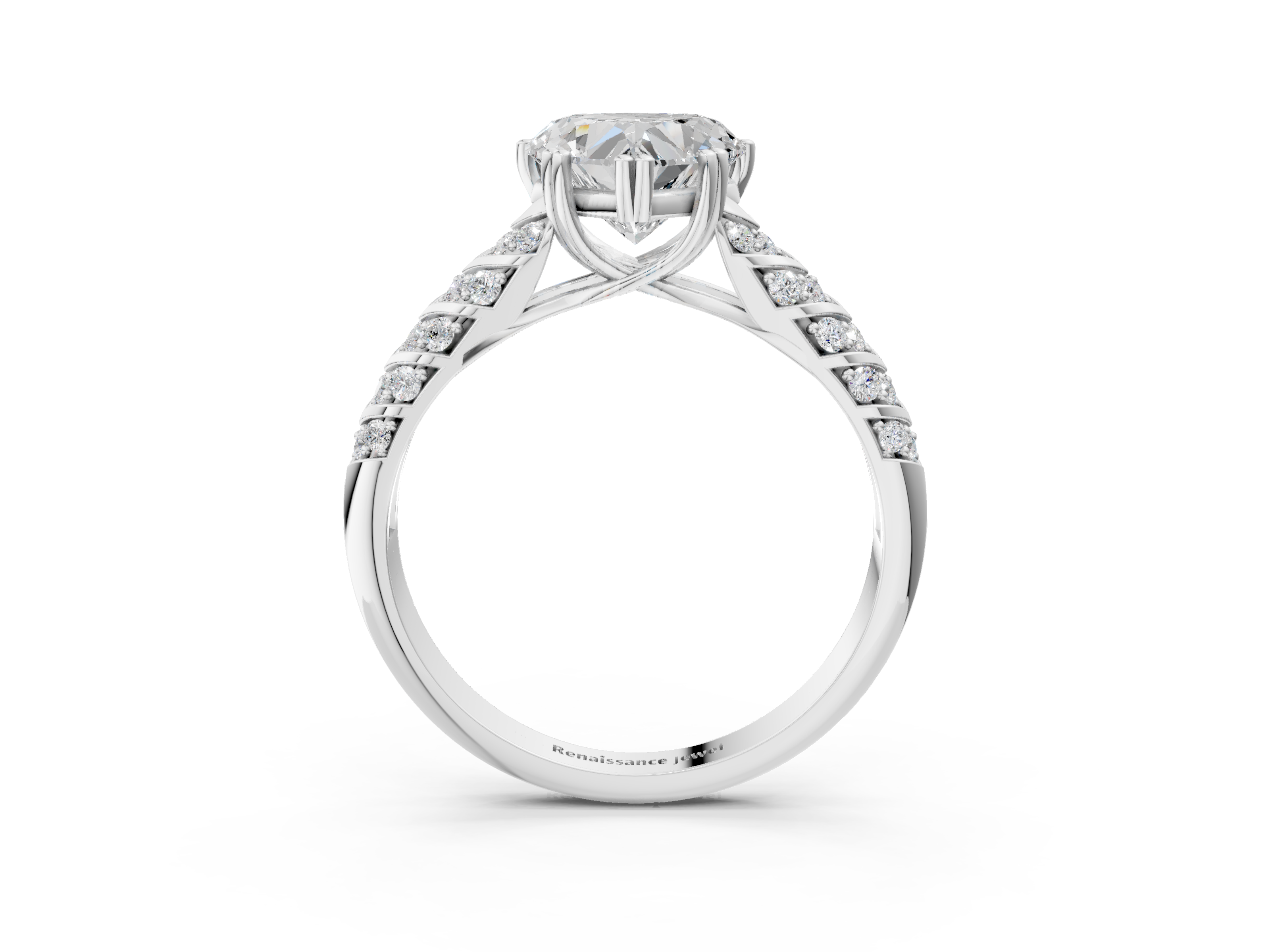 White gold Heart Solitaire Chevron Pave Diamond Engagement Ring with Six-Prong Setting_6