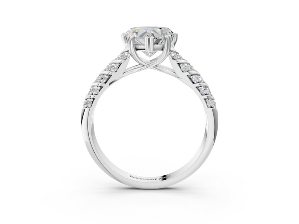 White Gold Heart-Shaped Chevron Pave Solitaire Engagement Ring Setting with Accented Gallery