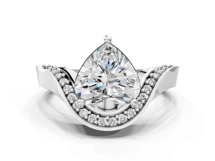 White gold Heart Solitaire Diamond Engagement Ring with Pave Band and Four-Prong Setting