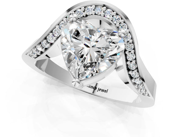 White gold Heart Solitaire Diamond Engagement Ring with Pave Band and Four-Prong Setting