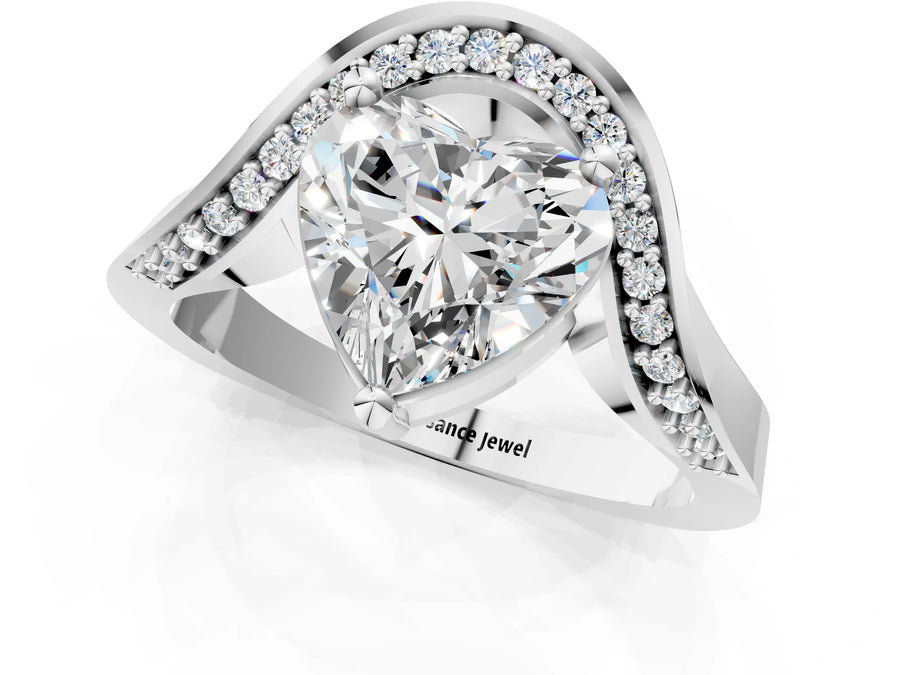 White gold Heart Solitaire Diamond Engagement Ring with Pave Band and Four-Prong Setting